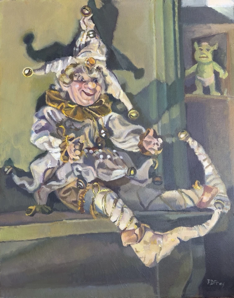 Pintura al óleo original de un bufón de juguete  Foto 1 de 1