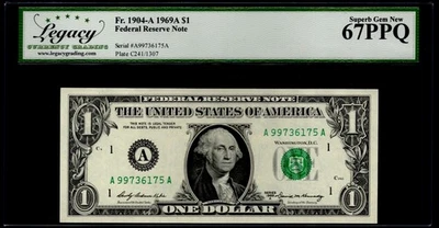 1969A $1 FRN BOSTON. FR: 1904-A. Legacy Graded: 67 PPQ. HIGH S/N. RARE GRADE. - Image 1 of 2