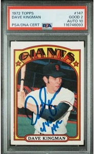 Carta Baseball 1972 Topps Dave Kingman Rookie Firmata PSA 2 DNA 10 Auto Certificata - Foto 1 di 4
