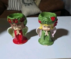 Vintage Lefton betende Engel Set/2 rot grün mit rotem Aufkleber 4" - Bild 1 von 8