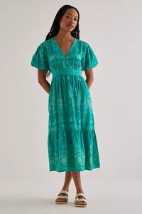 Robe GRISE DILLI 14 coton sarcelle imprimé bloc floral « Florentina » mi-longue à plusieurs niveaux - Photo 1/20