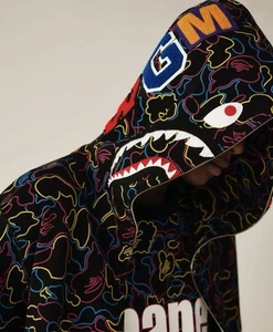 Authentic a bathing ape bape neon camo shark full zip hoodie multi Men’s L new - Picture 1 of 12