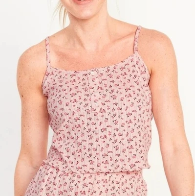 Old Navy Pointelle Henley Tank Top Cropped Cami Pajama Pink Floral Size XL NEW - Image 1 of 4
