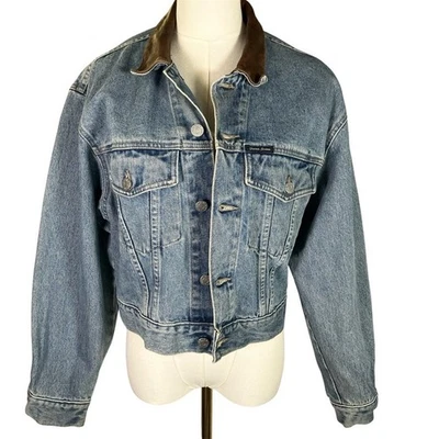 Chaqueta vaquera vintage GUESS USA cuello de cuero marrón hecha en EE. UU. para mujer pequeña Foto 1 de 4