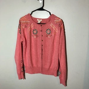 Sundance womens L beaded coral pink button cardigan sweater Aztec southwestern - Picture 1 of 12