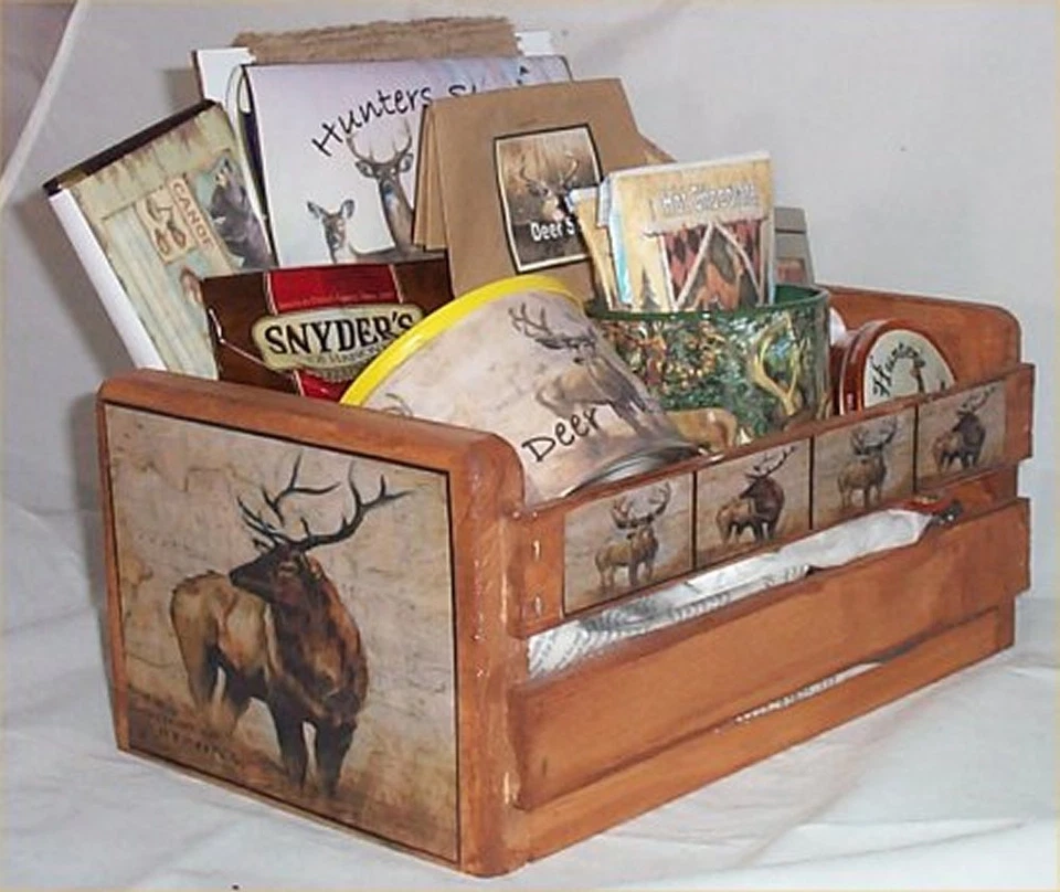 Deer Lodge Hunters Gift Basket Cabin Wood Crate Gift Mug Coffee Chocolate Nuts - Image 1 of 3