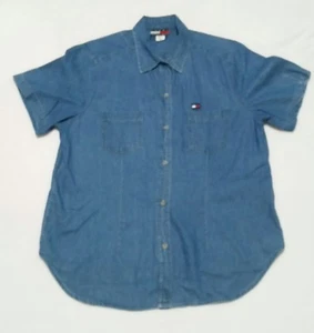 TOMMY HILFIGER Sz L Denim Top Womens Button Front Short Sleeve Jean Blouse NICE - Picture 1 of 4