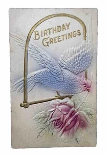 Vintage Postkarte Geburtstagsgrüße Bluebird Schaukel Rose geteilt geprägt unbespielt - Bild 1 von 6