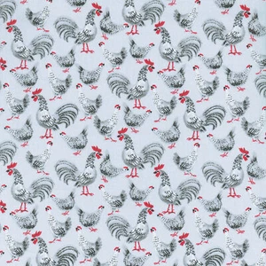 Textiles français Roosters & Hens chicken fabric - Greys, Charcoal, Red on Grey - Picture 1 of 1
