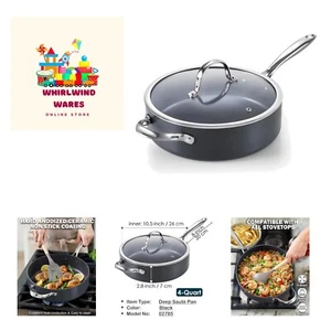4-QT Nonstick Deep Sauté Pan with Lid, 10.5-inch Deep Frying Pan Hard Anodize... - Picture 1 of 8