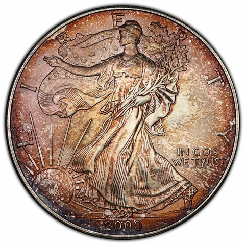 USA United States 2000 $1 Silver Eagle PCGS MS67 Beautiful Rainbow Color Cover