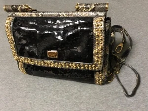 Dolce & Gabbana Sicily Hand Bag Sequins Studs Black W 33cm From Japan Used - Picture 1 of 4