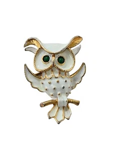 Vintage Sphinx Gold Tone & Enamel Owl Brooch w/ Green Cabochon Eyes - Picture 1 of 4