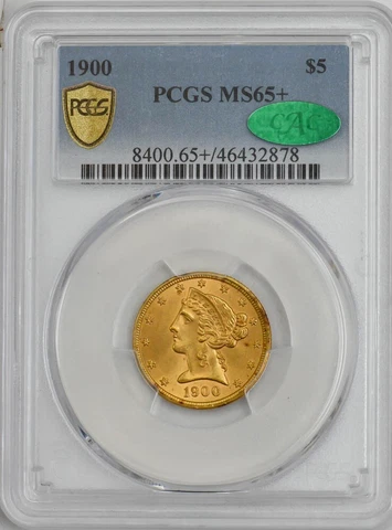 1900 $5 Gold Liberty MS65+ PCGS Secure, CAC 946217-1 Cover
