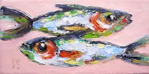 Sardines Original Oil Painting Kitchen Wall art Fish Wall Decor Canvas 4x8 inch - Picture 1 of 3