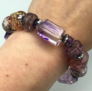Chunky Bead Bracelet Pink, Lilac & Silver Tone Stretch Plastic Festival Boho - Picture 1 of 13