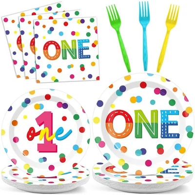96 радужных тарелок и салфеток конфетти для первого дня рождения вечеринки D... - Изображение 1 из 4