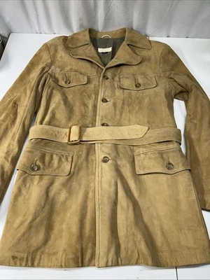 Vtg Haskin Tan Leather And Suede Trench Jacket 42L - Image 1 of 4