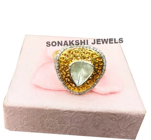 Uncut Polki Diamond Ring 925 Sterling Silver Handmade Design Real Diamond Ring - Picture 1 of 9