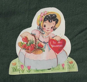 Vintage 30er 40er TO MY VALENTINE Karte Girl at Hearts Blumen Garten A - Bild 1 von 2