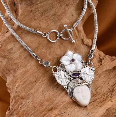 Sajen Carved Flower Goddess Gemstone Necklace 20 Inches in Sterling Silver - Image 1 of 4