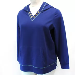 Quacker Factory Plus Blue Hoodie Rhinestones V-Neck Top Sweatshirt 1X - Picture 1 of 6