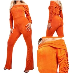 Orange Jumpsuit Size 26 BOOHOO Long Ruched Sl Stretchy Wide Leg Ladies NEW NWT - Picture 1 of 24