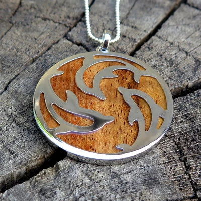 Hawaiian Jewelry Koa Wood Dolphins Swirl Rhodium Plated Brass Pendant BRP1017 - Image 1 of 4