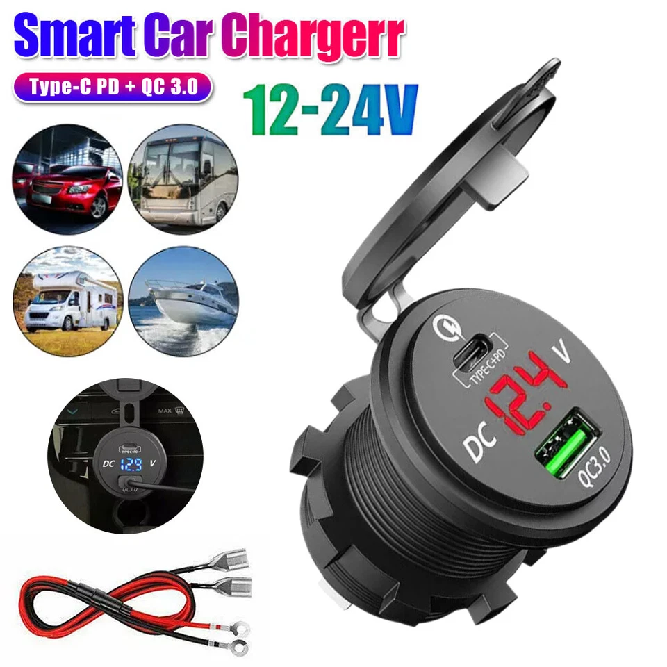 USB C Car Charger QC3.0 & 46W PD Type C 12V 24V USB Marine Boat Outlet Socket - Image 1 of 4