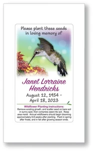 50 Personalized Hummingbird MEMORIAL Funeral Wildflower Seed Packets Garden - Picture 1 of 3