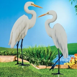Set 2 Paletti Eleganti Realistici Grandi Egret Birds Metallo Giardino Esterno - Foto 1 di 1