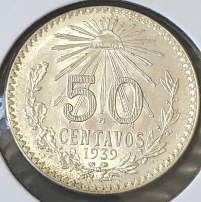 Bonita moneda de plata de 50 centavos de México 1939 Foto 1 de 2