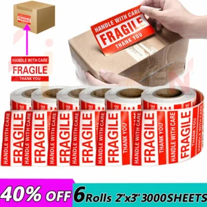 6 rollos 2"" x 3"" mango frágil con cuidado Gracias etiquetas 500 por rollo - Imagen 1 de 9