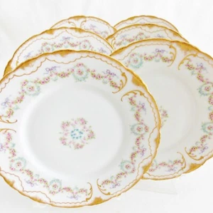 HAVILAND LIMOGES FRANCE 8" PLATES PATTERN 330 PINK ROSES, BOWS DOUBLE GOLD RIMS - Picture 1 of 6