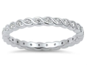 Sterling Silver 925 STACKABLE ETERNITY TWISTED DESIGN CLEAR CZ RING 2MM SIZE4-10
