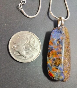 Solid Qld Boulder Opal Pendant 50mm x 20mm on 50cm (20") 925 Silver Snake Chain. - Picture 1 of 6