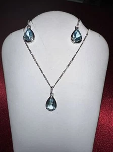 925 Sterling Silver Teardrop Blue Topaz Dangle Earrings & Pendant Set - Picture 1 of 8