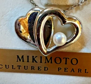 Mikimoto  Pearl Double Heart  19" Pendant Necklace in Sterling Silver - Picture 1 of 7