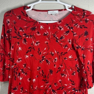 New Directions Top Womens M Red Floral Ruffle Sleeve 3/4 Scoop Neck Stretch Knit - Image 1 of 4