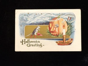 USADA 1913 TARJETA POSTAL HALLOWEEN EN RELIEVE JACK-O-LANTERN CON VELA Y RATONES - Imagen 1 de 2