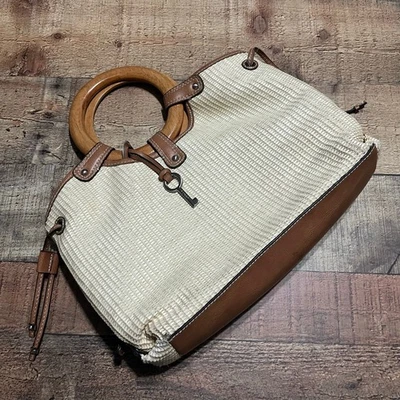 Bolso Cartera Bolso Y2K Fossil Marrón Tejido Paja Madera Asas Redondas Foto 1 de 4