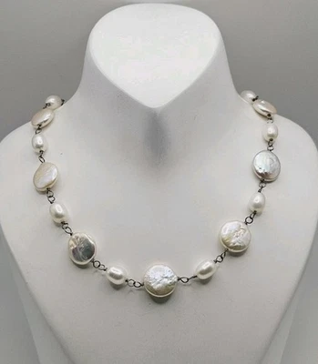 Collar de cadena vintage de plata de ley de 11 mm con cuentas de perlas de 19" Foto 1 de 4