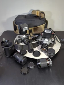 LOT of Vintage Cameras And Lenses Flash And Case Not Sure If Working - Picture 1 of 18