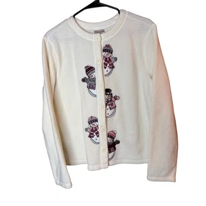Damen-Cardigan cremefarben Schneemann bestickt Fleece lila Pullover Oberteil Größe Medium - Bild 1 von 3