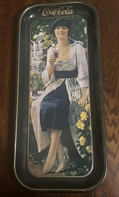 Vintage Coca-Cola Tray 1920s Lady in Blue Dress 19”x8” Tin Metal Sign Tray - Image 1 of 4