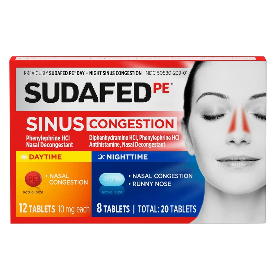 Sudafed Day Plus Night Sinus Congestion 12 дневных и 8 ночных таблеток 20 шт - Изображение 1 из 1