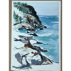 Schönes Vintage Aquarell Gemälde Kunst. Klippen, Wasser, Wälder. Natur. signiert - Bild 1 von 9