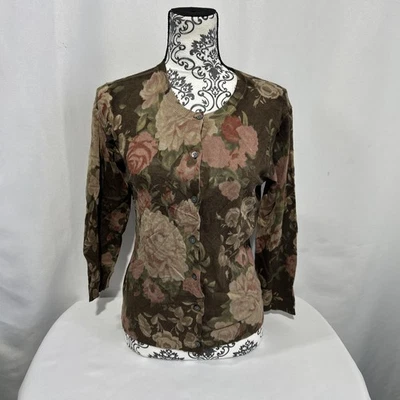 Cardigã Lauren Ralph Lauren Suéter Feminino Tamanho M Marrom Rosa Floral Seda Algodão - Imagem 1 de 4
