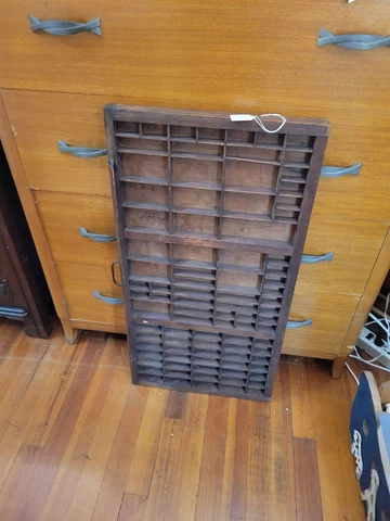 Vintage  Printers Drawer Wood Tray Shadowbox  SLOT Metal Handle Cover
