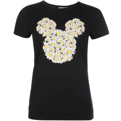 DISNEY t-shirt top femme MICKEY MINNIE tête marguerites XS ou M noir neuf - Photo 1/2